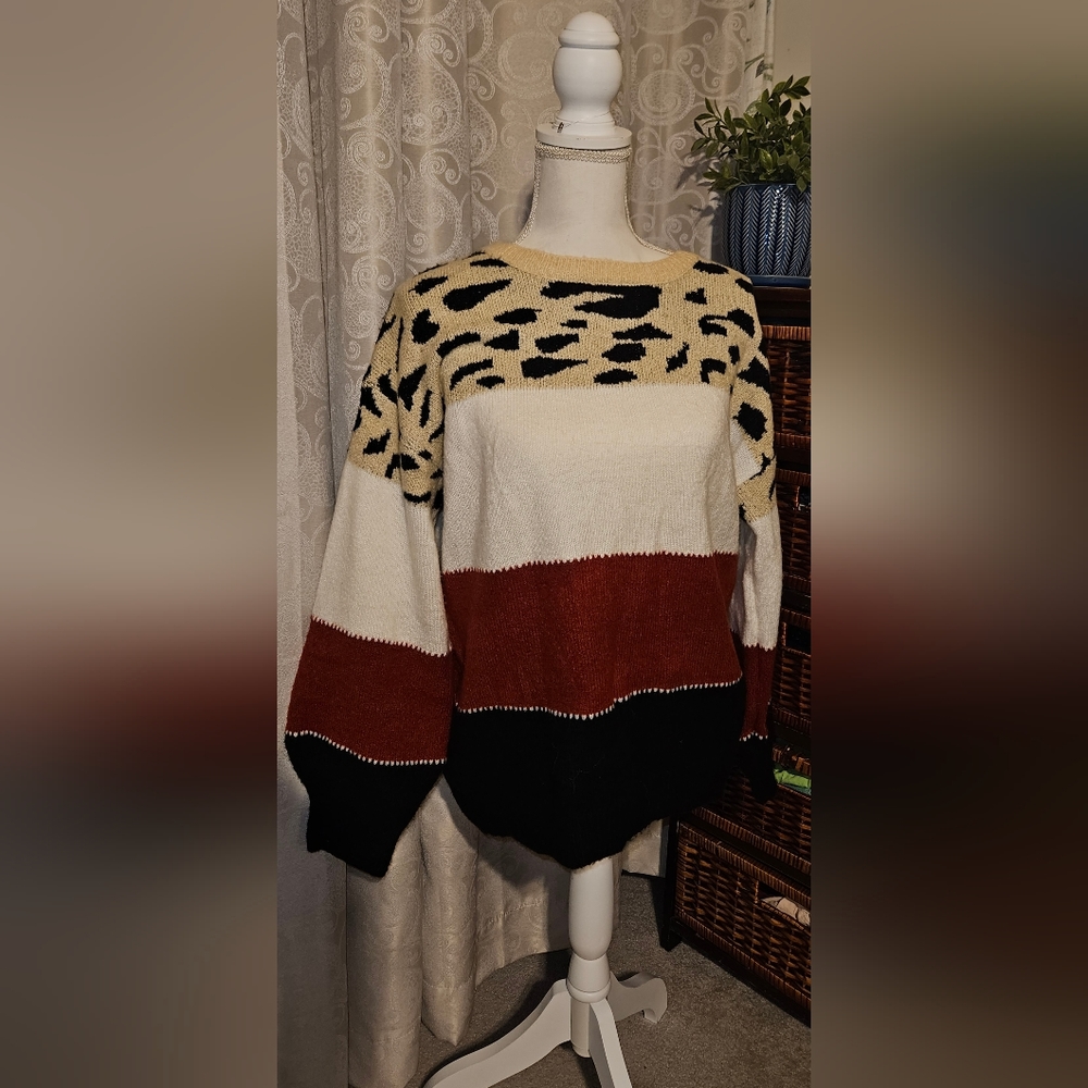 🐆 Angashion leopard print, rustic orange, black, and cream sweater.